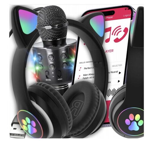 Muzikinis rinkinys su bluetooth cat ear ausinėmis ir karaoke mikrofonu su kolonėlės funkcija